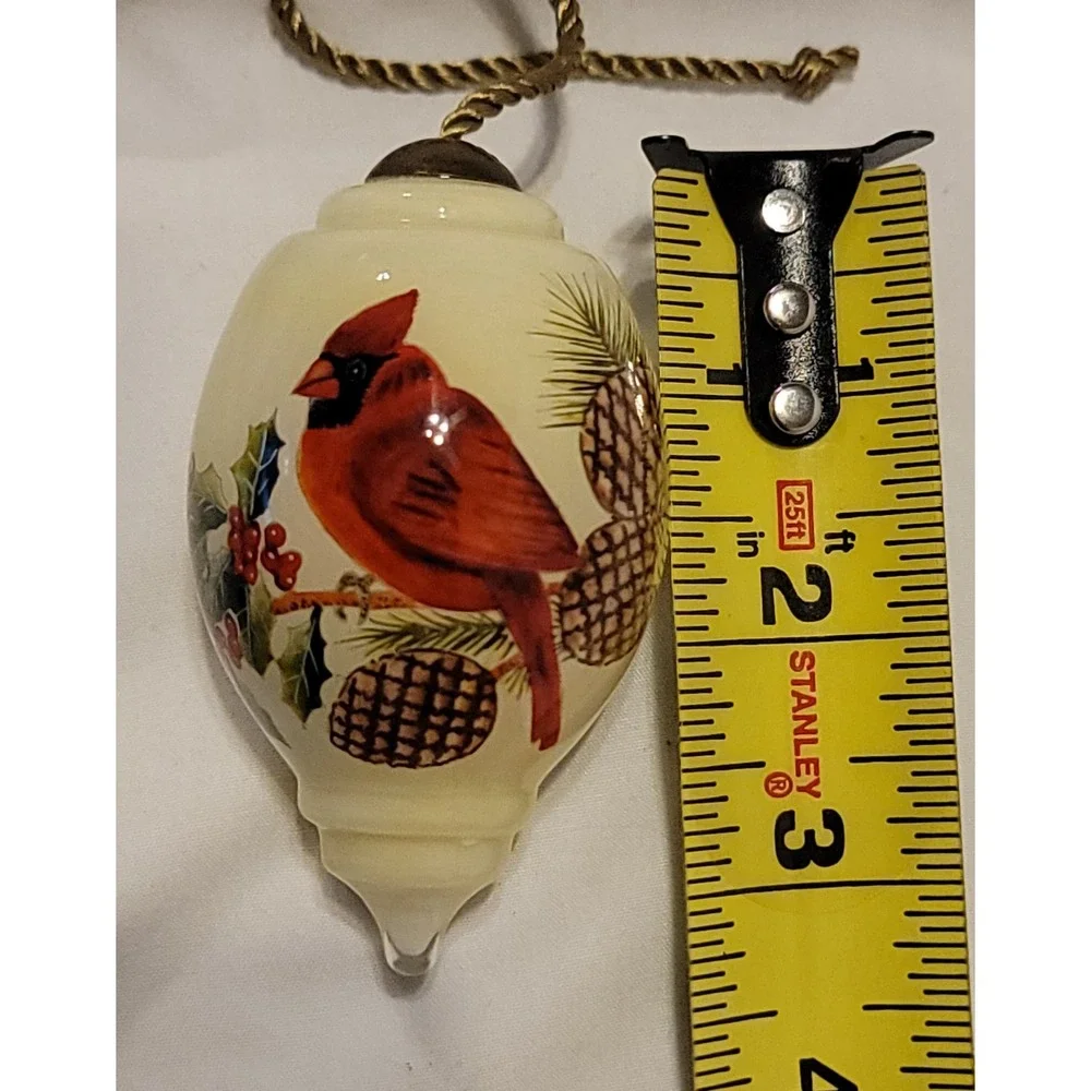 Ne'Qwa Art Hand Blown Glass Reverse Painted Cardinal, Holly, Pine Cones Ornament